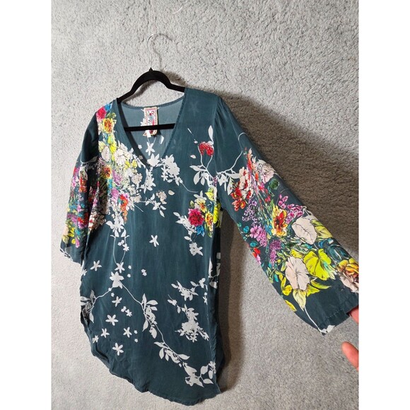 Johnny Was Women Blouse XS Blue Floral Frenzy Boho Chic Top Semi Sheer V-Neck - Picture 3 of 9